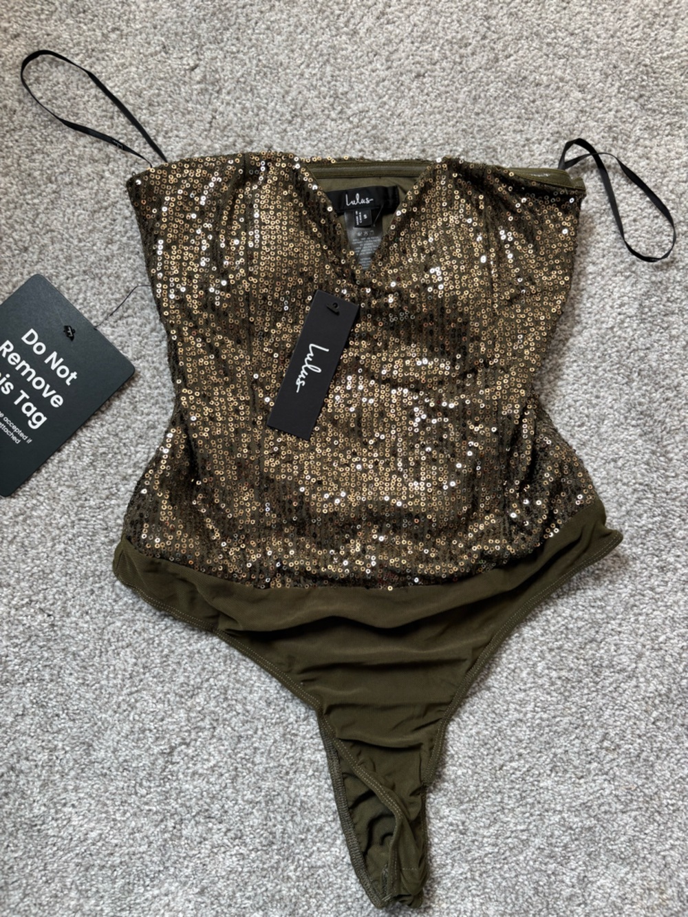 Lulu's olive Sequin bodysuit with notch neckline